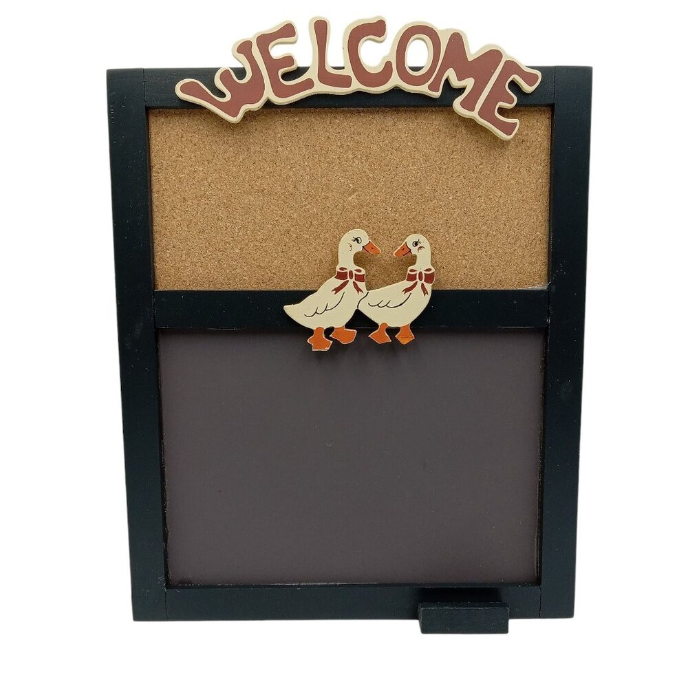 Vintage Hanging Wood Plaque Cork and Chalk Board Welcome Geese 12 x 9 x 3/8 Inch